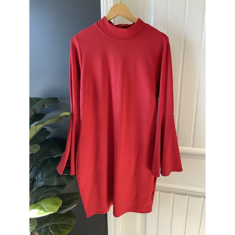 VENUS Shift Dress | Red | Bell Sleeve | Mock Neck | Knee Length| 1X